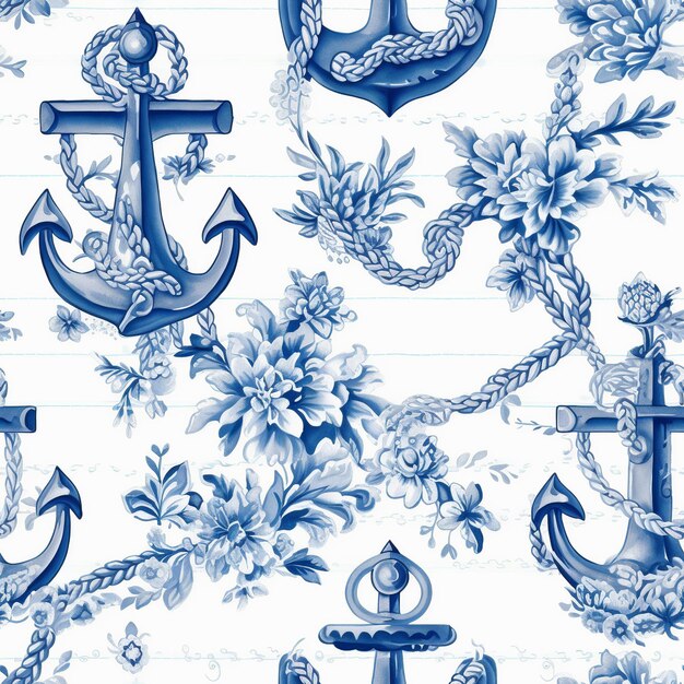 Patrón sin costuras con motivos náuticos de cuerdas de anclas y veleros en azules fríos