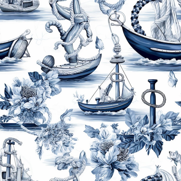 Foto patrón sin costuras con motivos náuticos de cuerdas de anclas y veleros en azules fríos