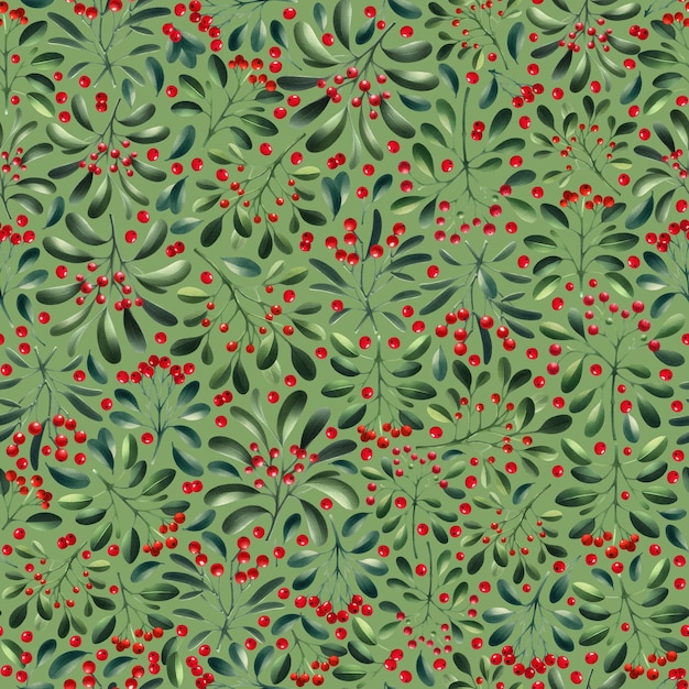 Patrón sin costuras de muérdago en fondo verde hojas verdes bayas rojas planta diseño minimalista