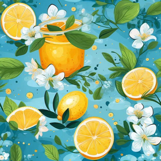 patrón sin costuras con naranjas y flores en un fondo azul generativo ai