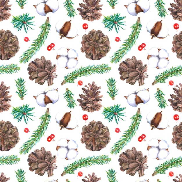 Patrón sin costuras de Navidad Ramas de abeto piñeiras conos de pino ramas de holly bayas bolas de algodón dibujadas a mano