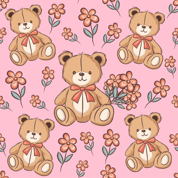 Patrón sin costuras osos de peluche de dibujos animados con flores en un fondo rosa suave para niños diseño de decoración