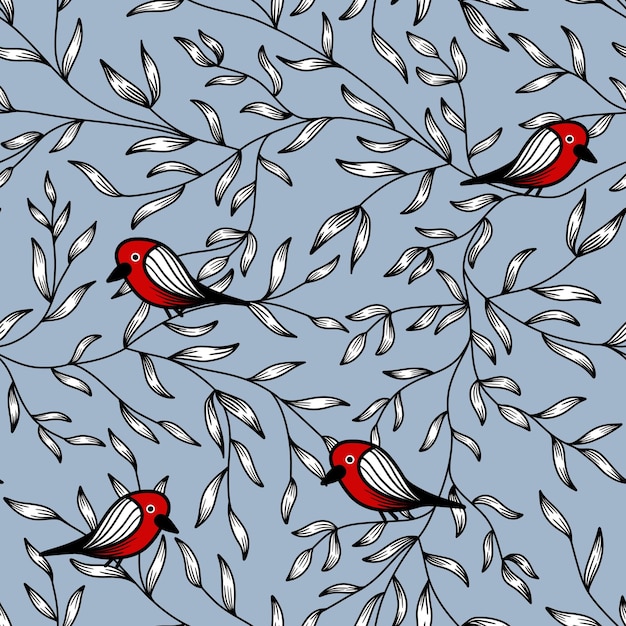 Patrón sin costuras de pájaros rojos estilizados en ramas con hojas sobre fondo azul claro