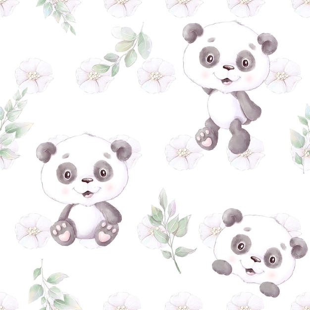 Patrón sin costuras. Panda de dibujos animados lindo con flores y globos.