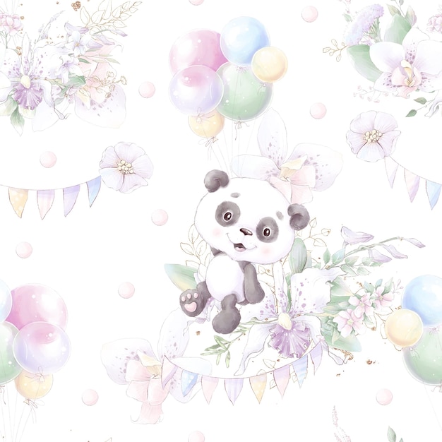 Patrón sin costuras. Panda de dibujos animados lindo con flores y globos.