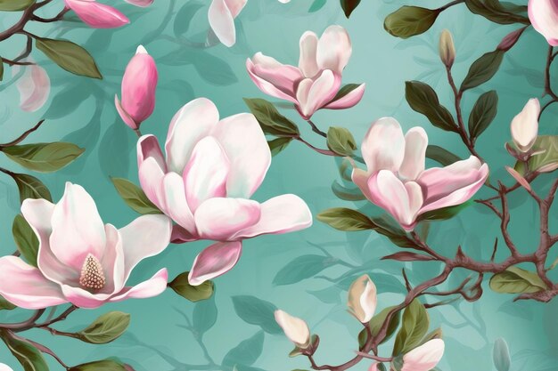 Patrón sin costuras papel tapiz hoja magnolia decoración acuarela rosa flor fondo floral AI generativo