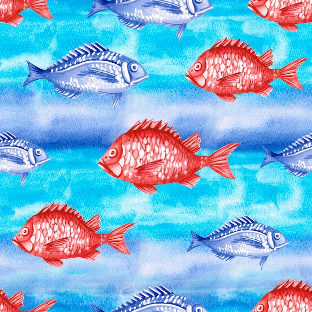 Patrón sin costuras con peces azules y rojos sobre fondo azul ilustración de acuarela de criaturas marinas