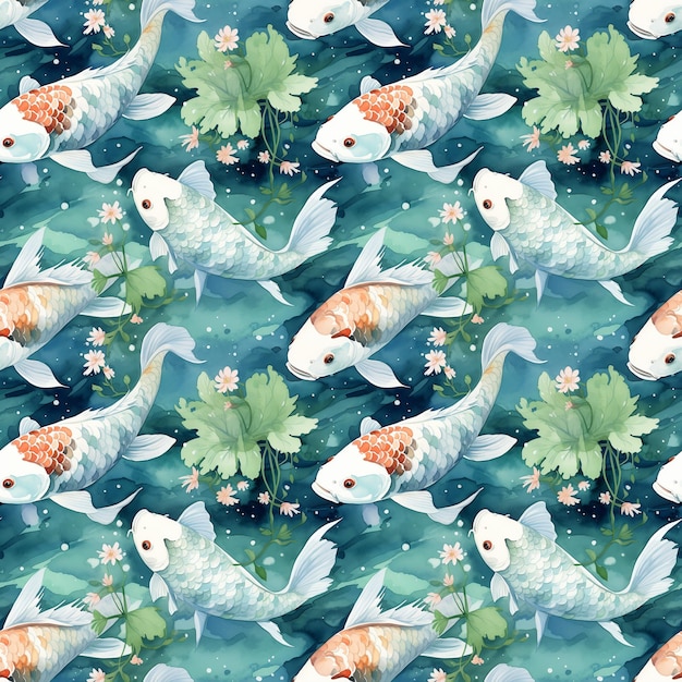 patrón sin costuras con peces de carpa koi y plantas en agua azul