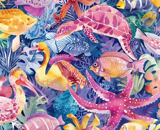 Patrón sin costuras con peces tropicales y animales marinos Ilustración vectorial