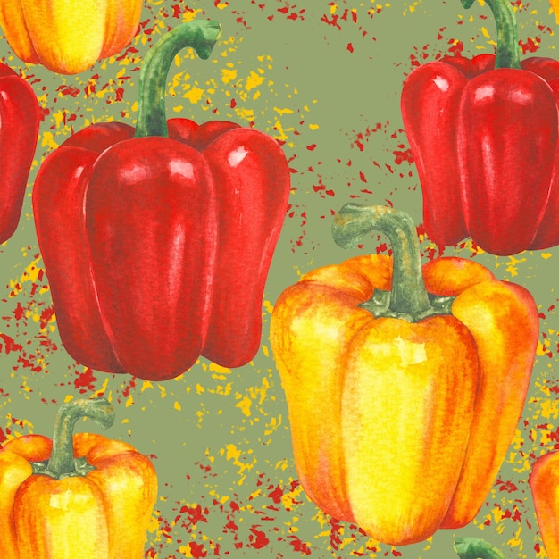 Patrón sin costuras con pimientos pintados en acuarela