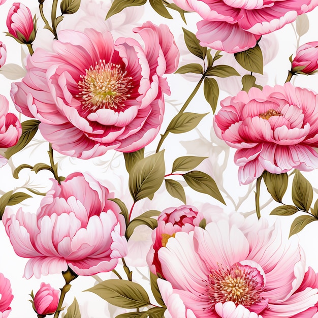 Foto el patrón sin costuras de la pintura de flores de peonía combina tallos y hojas para su uso en gráficos generativo ai