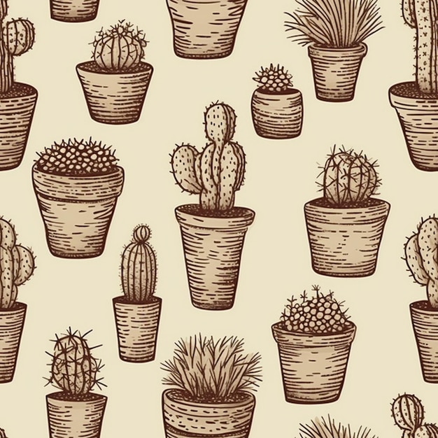 un patrón sin costuras de plantas de cactus en ollas en un fondo beige generativo ai