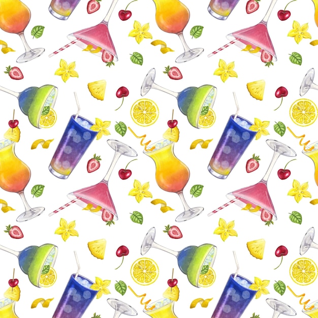 Patrón sin costuras Playa alcohol cóctel fruta piña carambola fresa menta limón Ilustración acuarela dibujada a mano aislada en blanco