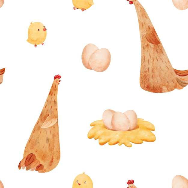 Un patrón sin costuras pollos huevos de gallina cuidadosos y un nido hecho de heno acuarela primavera y la vida de la granja a