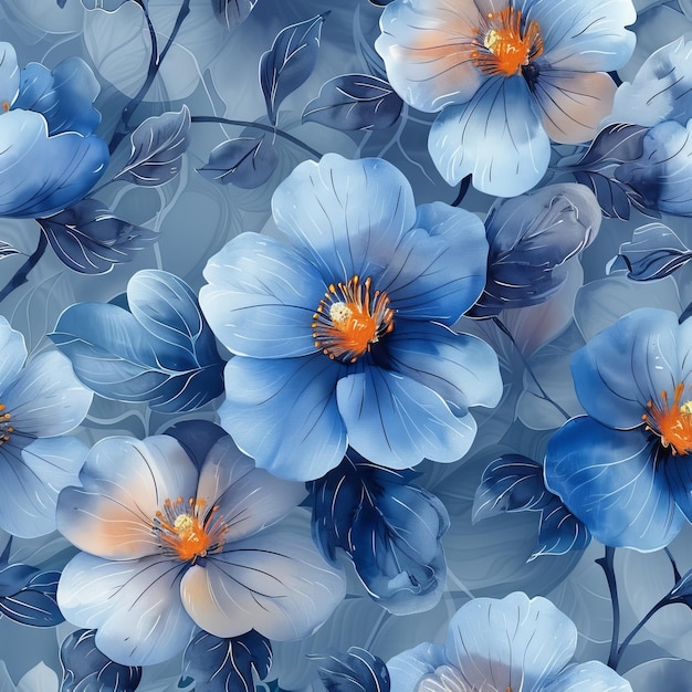 Este patrón sin costuras presenta flores delicadas con un fondo azul