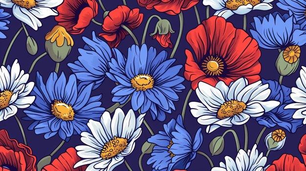 Este patrón sin costuras presenta manzanillas, flores de maíz y flores de amapola Ilustración