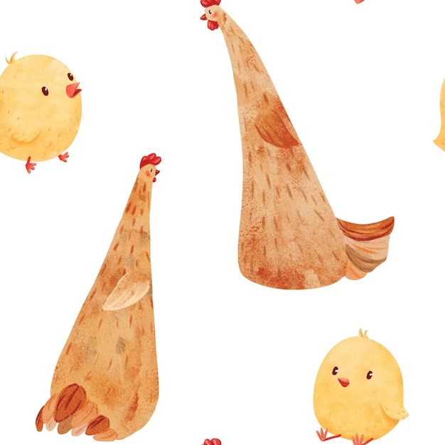 Patrón sin costuras que muestra pollitos adorables y una gallina amigable acuarela primavera y la vida de la granja para.