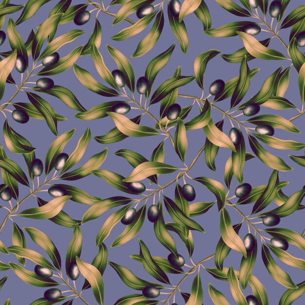 Foto patrón sin costuras con rama y hojas de olivo impresión vívida con hermosa ilustración botánica repetido diseño de lujo realista de alta calidad para envases textiles de moda cosméticos