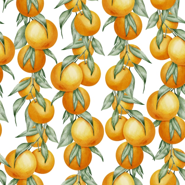 Patrón sin costuras con ramas de fruta naranja hojas verdes Ilustración acuarela dibujada a mano de alimentos cítricos para papel de regalo o diseño textil Impresión con mandarina sobre fondo blanco aislado