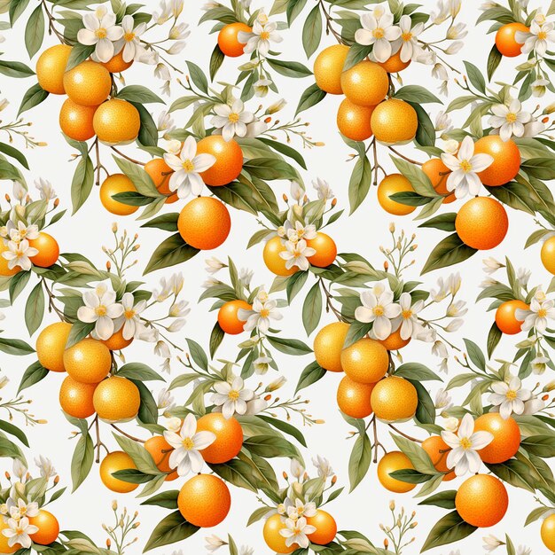patrón sin costuras de ramas de naranja con flores y hojas sobre un fondo blanco