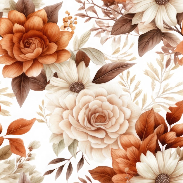 Patrón sin costuras ramas de otoño y florales con pinos rosas blancas y naranjas
