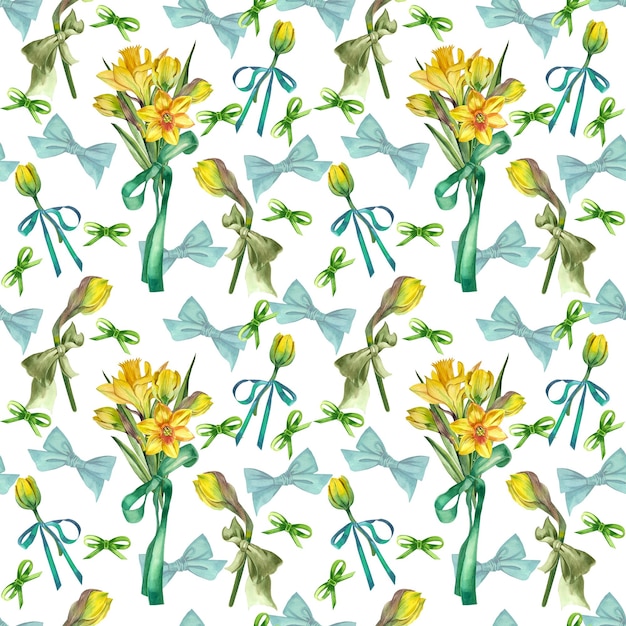 Patrón sin costuras de ramos amarillos de narcisos y tulipanes con lazos