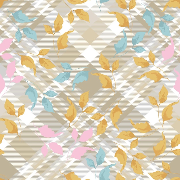 El patrón sin costuras repite las hojas de otoño y azul rosado en el tartán beige marrón
