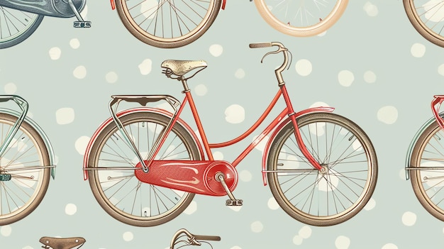 Foto patrón sin costuras retro con bicicletas antiguas en fondo de puntos polvo ilustración vectorial