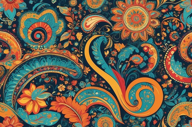 Patrón sin costuras retro Elementos giratorios y paisley en diseño boho Fondo vectorial psicodélico hippie Impresión vectorial vintage abstracta y colorida