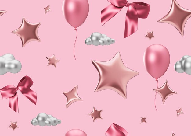 Foto patrón sin costuras rosa con estrellas cintas globos aplicable para tela impresión papel tapiz textil regalos papel de envoltura textura repetible patrón de estilo moderno para niñas ropa de cama 3d