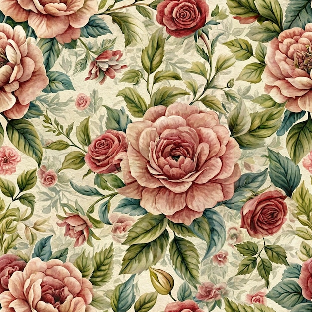 Patrón sin costuras con rosas de acuarela con fondo floral pintado a mano