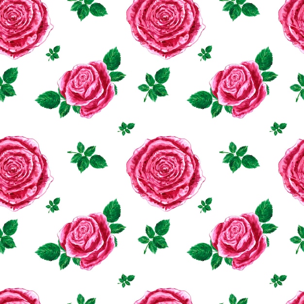 Patrón sin costuras de rosas dibujadas a mano Flores de color rosa acuarela con hojas verdes sobre fondo blanco Diseño de bloc de notas tipografía cartel etiqueta banner textil