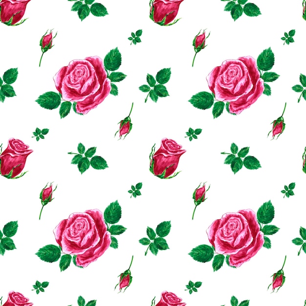 Patrón sin costuras de rosas dibujadas a mano Flores de color rosa acuarela con hojas verdes sobre fondo blanco Diseño de bloc de notas tipografía cartel etiqueta banner textil
