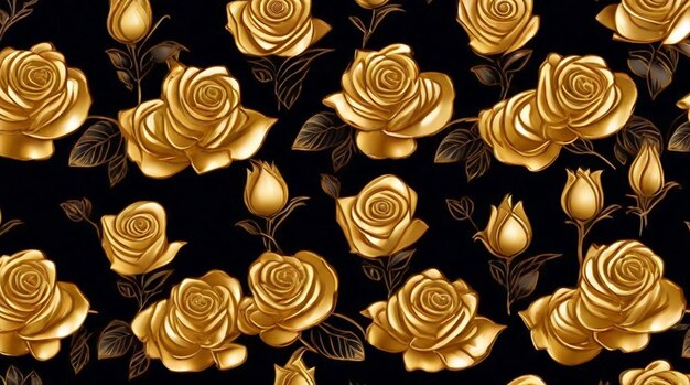 Foto patrón sin costuras con rosas doradas sobre un fondo negro