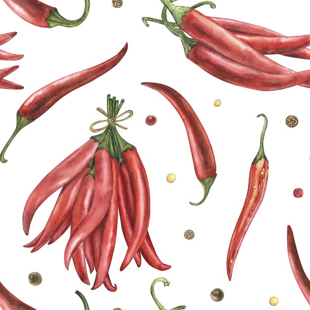 Patrón sin costuras con semillas de chile rojo caliente ilustración en acuarela con vainas de pimienta es a mano