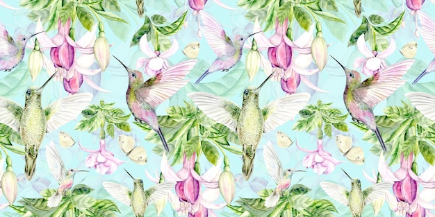 Patrón sin costuras sobre un fondo azul de pájaros colibrí y flores de fucsia acuarela