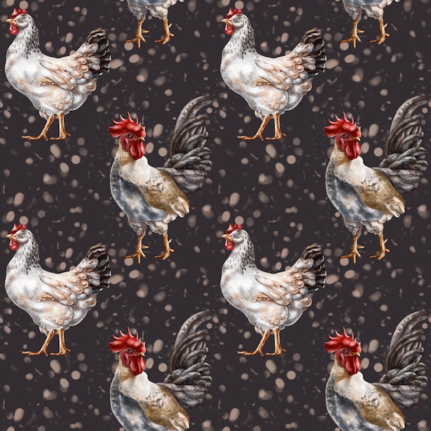Patrón sin costuras de sus pollos y gallos de granja Vida rural simple animales de granja naturaleza y plantas Aves de corral en el rancho Fondo de ilustración digital