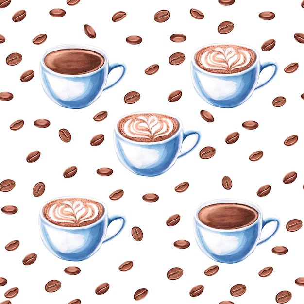 Patrón sin costuras con una taza de capuchino y café negro en una ilustración de acuarela dibujada a mano