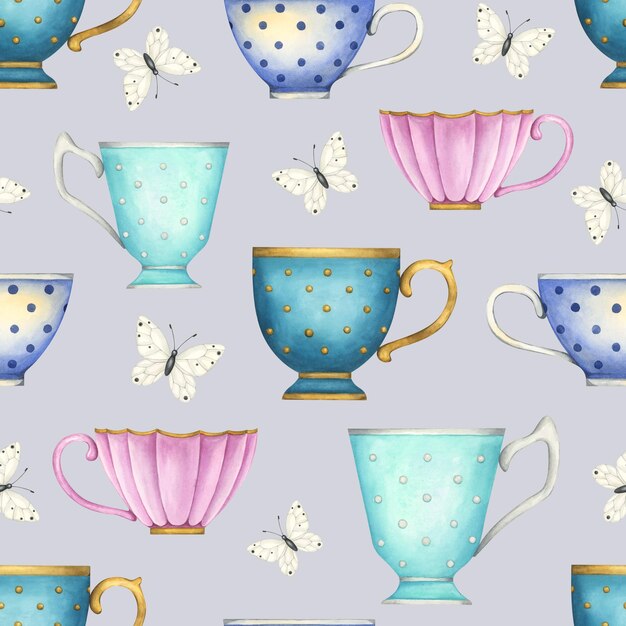 Patrón sin costuras con tazas de té de porcelana y mariposas blancas Fondo de cocina de acuarela vintage