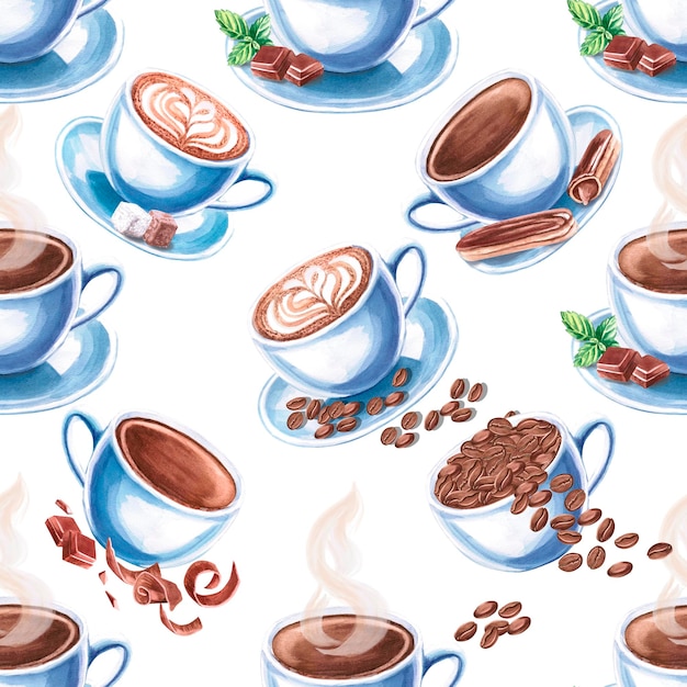 Patrón sin costuras en el tema de la ilustración de acuarela de café con tazas de café para el diseño