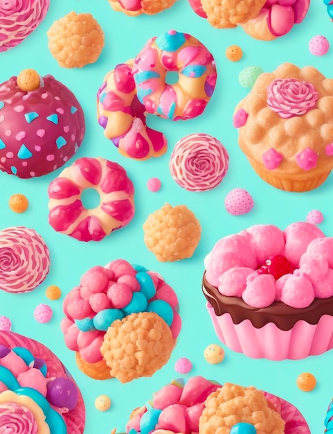 un patrón sin costuras con temas de pastelería vibrante y delicioso con bolas de azúcar y bocadillos de pastel