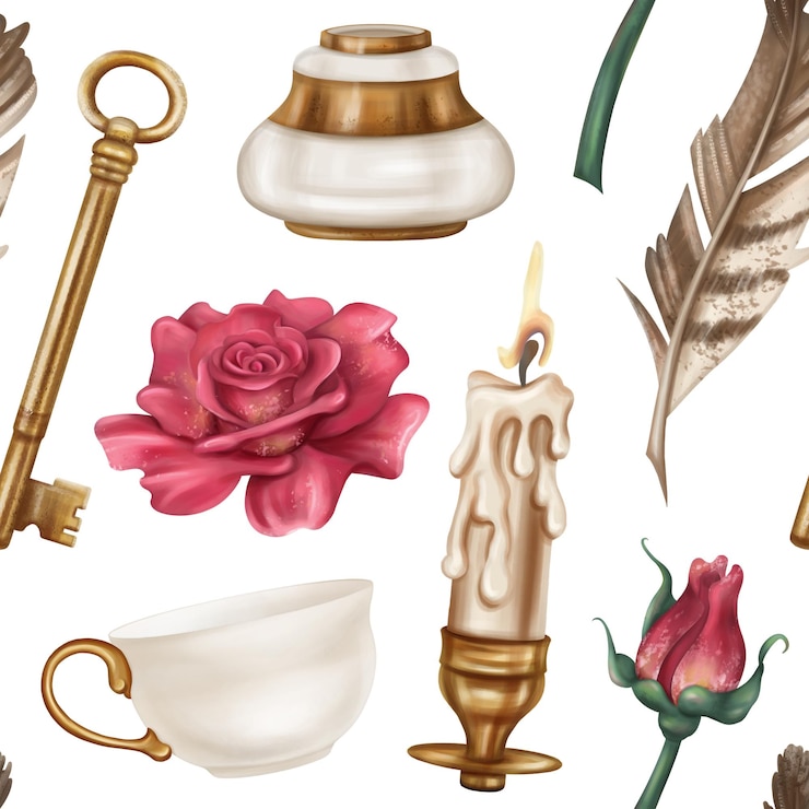 Foto patrón sin costuras con tinta retro y pluma de escritura taza de té rosas rojas candelabro de oro llave real