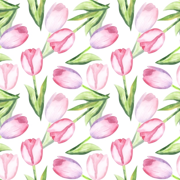 patrón sin costuras con tulipanes rosados acuarela primavera floral ilustración dibujada a mano para el diseño de la tela