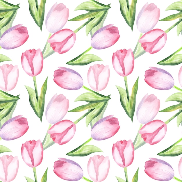 Foto patrón sin costuras con tulipanes rosados acuarela primavera floral ilustración dibujada a mano para el diseño de la tela