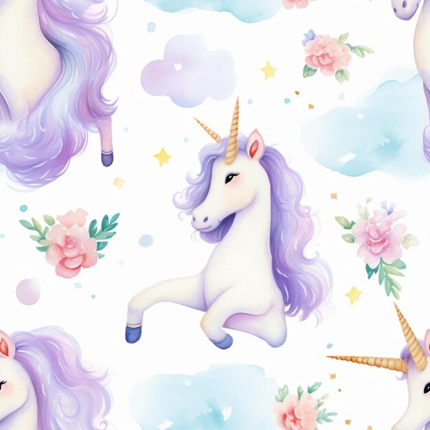 patrón sin costuras de un unicornio con cabello largo y flores generativo ai