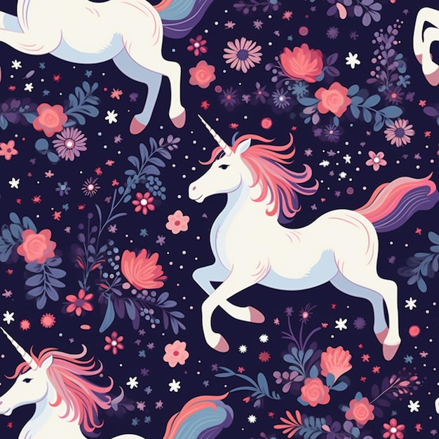 Patrón sin costuras con unicornios y flores sobre un fondo oscuro generativo ai