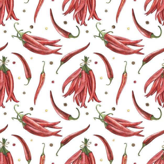 Patrón sin costuras con vainas de pimienta chili roja picante ilustración en acuarela con frutas de pimientos de cayena