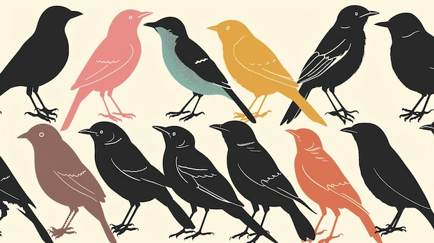 Un patrón sin costuras de varias aves de colores Las aves son de diferentes formas y tamaños y están dispuestas en un orden aleatorio