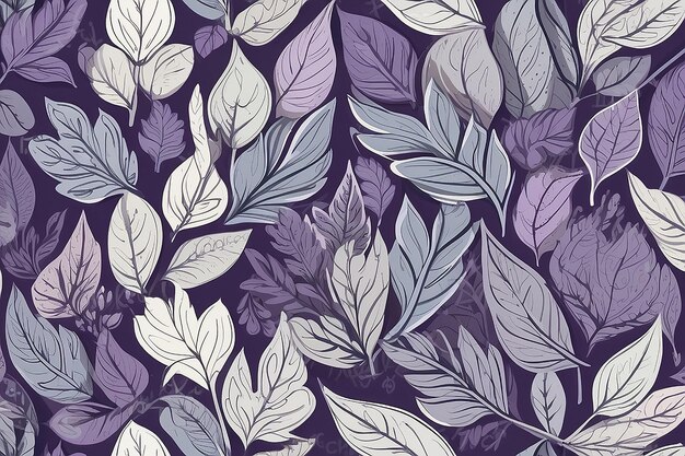 Patrón sin costuras vectorial Lindo dibujos en un fondo púrpura Hojas de contorno gris