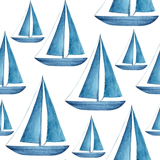 Patrón sin costuras de velero dibujado a mano en acuarela aislado en blanco monocromático azul de alta calidad